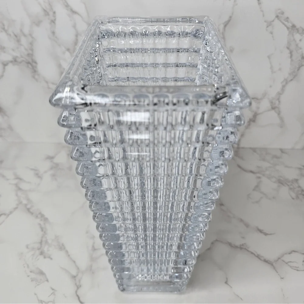 Heavy Clear Crystal Ribbed Tapered Rectangular Vase 10 Inch Modern Decor